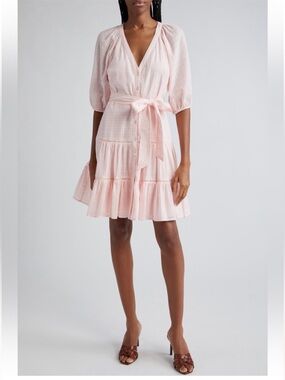 Veronica Beard Dewey Mini Dress Light Pink Haze Tiered Flounce Skirt Waist Tie